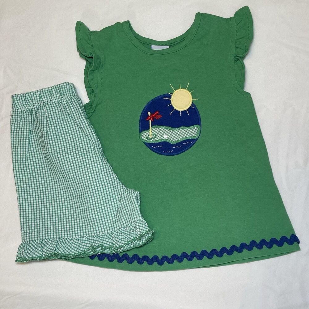 “Bailey Boys“ Girls Size 4T Golf Short Set Gingham Seersucker Ruffle Hem Sleeve